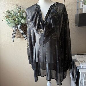 Avenue Woman’s Plus Sheer Black Blouse With Gold Detail & Ruffle Front 26/28W